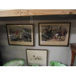 A framed and glazed etching 'Pointer' and a pair of hunting prints