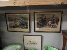 A framed and glazed etching 'Pointer' and a pair of hunting prints