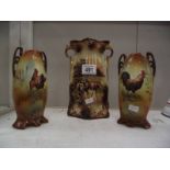 A pair of Staffordshire vases depicting cockerel's and one depicting cattle.