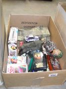 Quantity of misc, including Action Man, Unimax tank, Top Trumps cards,