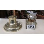 A silver plate inkwell together with a glass inkwell (top a/f).