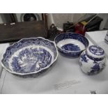 A Mason's blue and white bowl, a ginger jar and one other bowl.