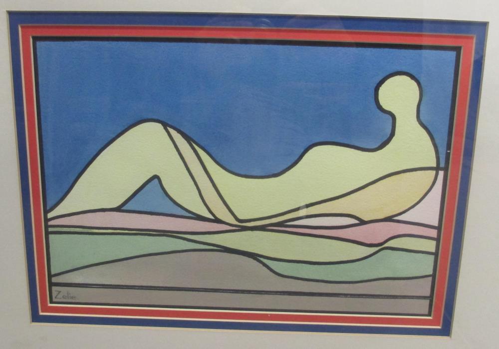 A modernist figural (nude)abstract painting in watercolours signed Zelie. - Image 2 of 2