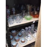 2 shelves of art glass, cups & saucers etc.