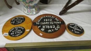 4 cast iron railway plaques on wooden backs.