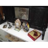 3 pewter dragons/angels, vintage lighters, a Thomas Kincade clock a/f, tea cards etc.