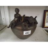 A bronze pot with 2 cherubs, a/f.