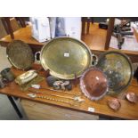 A mixed lot of brass ware including trays, toasting forks, coin trays, crumb tray etc.