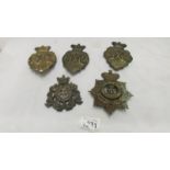 5 large hat/shako badges including Waterloo 19th regiment,