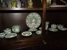 14 pieces of green Wedgwood Jasper ware