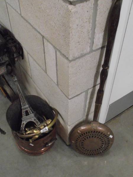 A mixed lot of old copper ware including scuttle, warming pan, chair, lion etc.