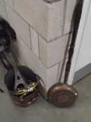 A mixed lot of old copper ware including scuttle, warming pan, chair, lion etc.