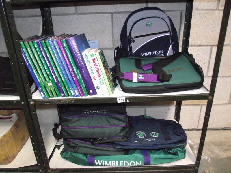 2 shelves of Wimbledon books, holdalls and back packs etc.