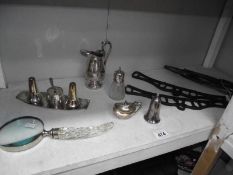 A quantity of silver plate items and vintage clothes airer and large pair of scissors