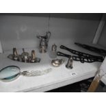 A quantity of silver plate items and vintage clothes airer and large pair of scissors