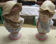 A pair of bust of young boy and girls, girls hat chipped.