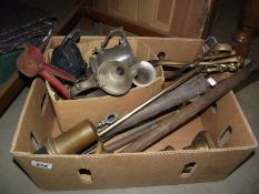 A pair of Victorian brass candlesticks, pewter tankards, bilge pumps etc.