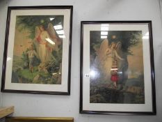 A pair of early 20th century framed and glazed pictures of Guardian angel with boy and girl