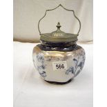 A blue and white Staffordshire pottery biscuit barrel with silver plate fittings.