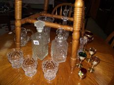 An etched glass decanter, other decanters, coloured glass with enamelling etc., (collect only).