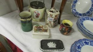 A Mason's lidded jar, a biscuit barrel and 4 other items.
