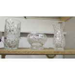 2 good quality cut glass vases and a cut glass rose bowl.