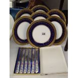 7 Aynsley Georgian Cobalt side plates and a boxed set of Coalport knives