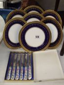 7 Aynsley Georgian Cobalt side plates and a boxed set of Coalport knives