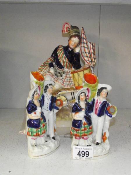A large 19th century Staffordshire figure and 2 smaller examples, a/f.