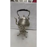 A silver plate spirit kettle on stand complete with burner.
