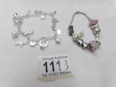 A modern silver charm bracelet and a Pandora style bracelet.