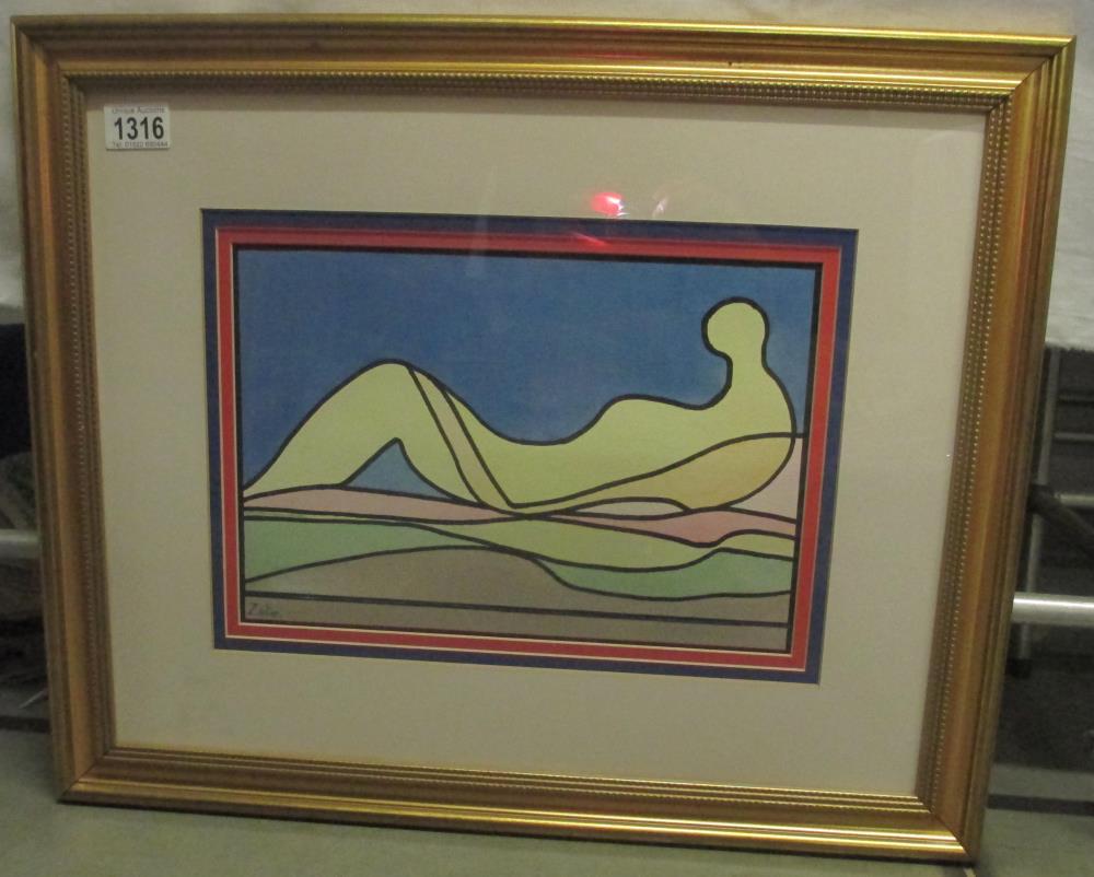 A modernist figural (nude)abstract painting in watercolours signed Zelie.