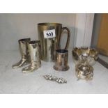 A mixed lot of silver plate and other metal ware including tankard, boots, Mappin & Webb etc.
