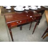 A dark wood stained slim hall table with 2 drawers.