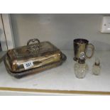 2 silver rimmed scent bottles, a silver plate tureen and a silver plate tankard.