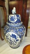 A large blue and white temple jar.