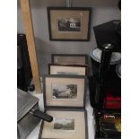 2 framed and glazed engravings Burley House, 3 framed and glazed engravings Melton Mowbray,
