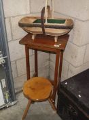 A side table, stool and 2 baskets.