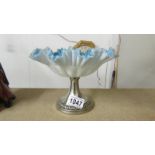 A frilled frosted blue glass dish on plated stand marked WMF EPNS.