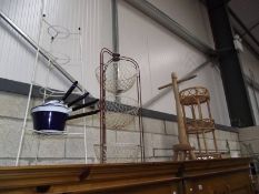 A quantity of vintage vegetable racking and a washing dolly.