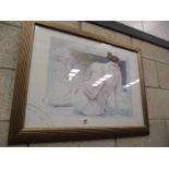A framed and glazed print of a lady in corset, glass a/f.