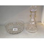 A cut glass decanter and a cut glass bowl.