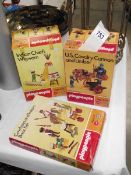 3 boxed 1970's Playpeople sets, cowboys, Indians, US cavalry cannon, 1731, 1745, 1731, (unchecked).