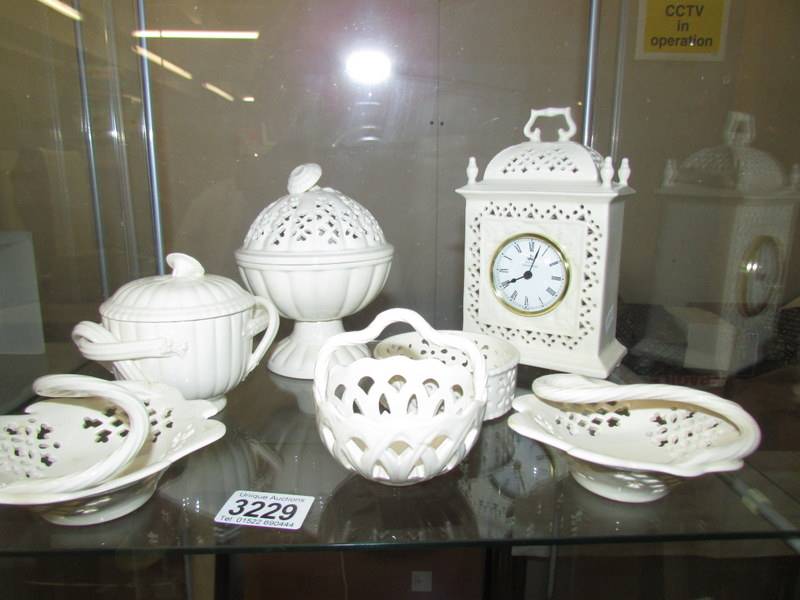 7 pieces of Royal Creamware including clock.