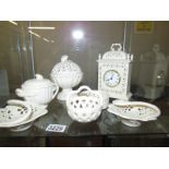 7 pieces of Royal Creamware including clock.