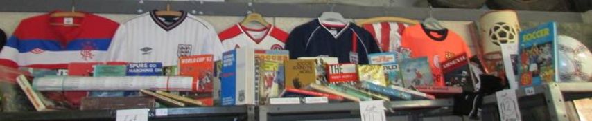 A good lot of football related items including Barcelona and Sheffield United shirts, books,