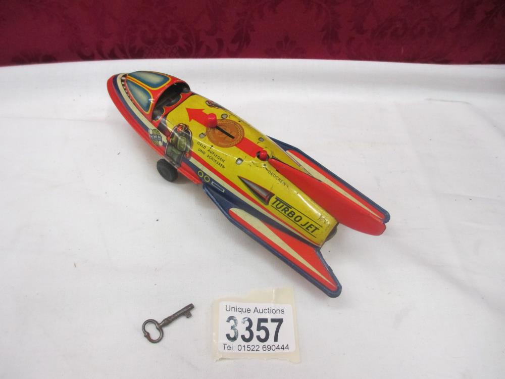 A HWN Rocket Mechanical Bank with key - tinplate West Germany - firing mechanism functions well - Image 7 of 8