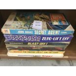 Selection of vintage board games including Airfix Zero lift off, John Drake secret agent etc.