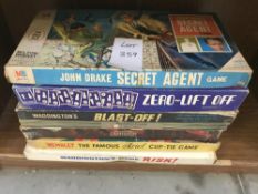 Selection of vintage board games including Airfix Zero lift off, John Drake secret agent etc.