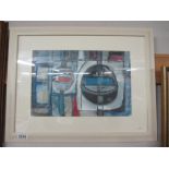 Cornish school abstract painting in acrylics entitled 'Cornish boat & harbour study' signed with